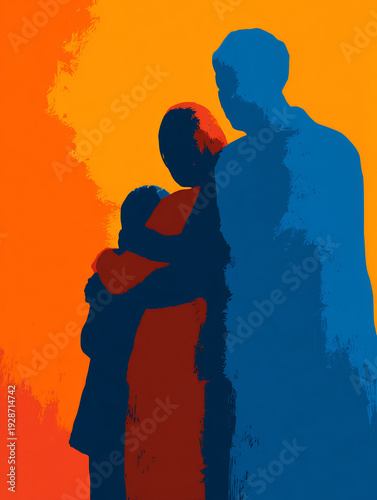 Wallpaper Mural Abstract illustration of family embracing, showing togetherness and unity through colorful silhouettes against a vibrant orange background. Torontodigital.ca