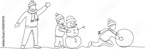 Single one line drawing winter activities and sport set. Happy man with winter clothes, Young boy with snowman and rolling snowball in winter. one line art icon drawing vector