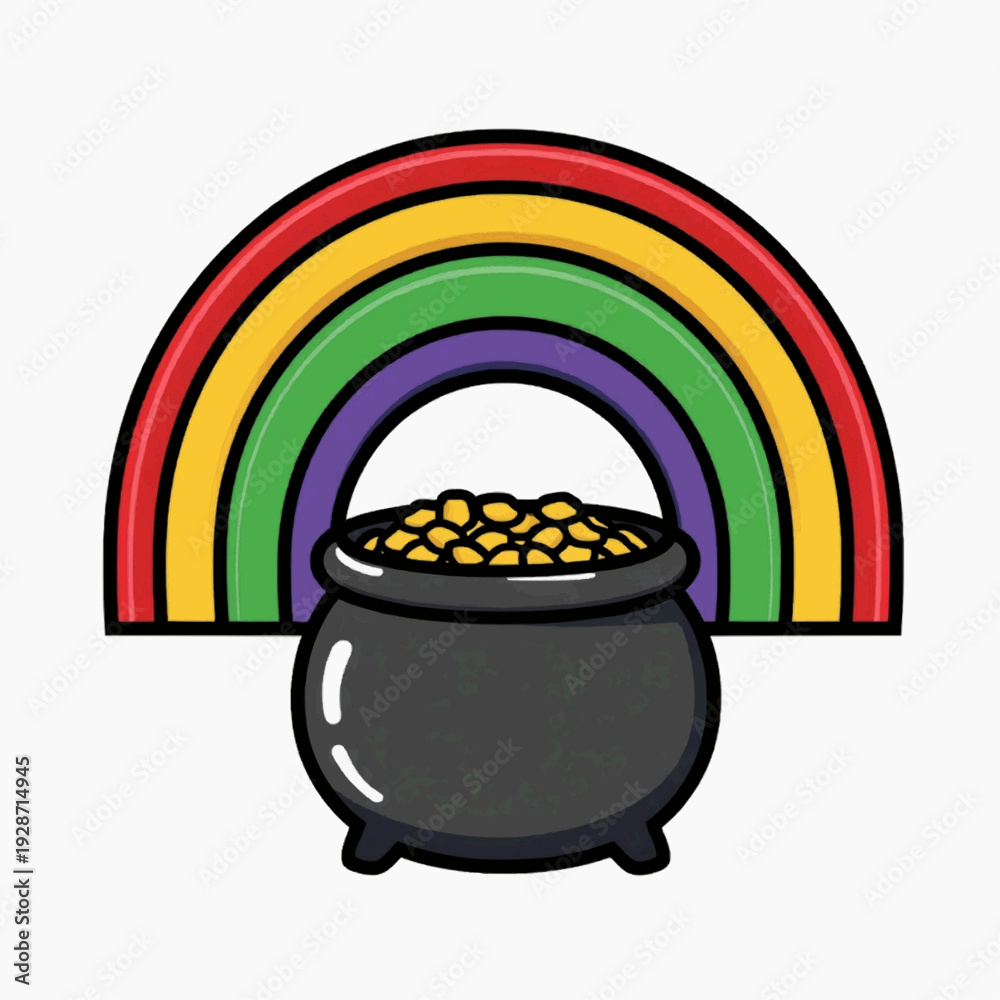 Fototapeta premium A colorful vector graphic of a pot of gold coins under a rainbow