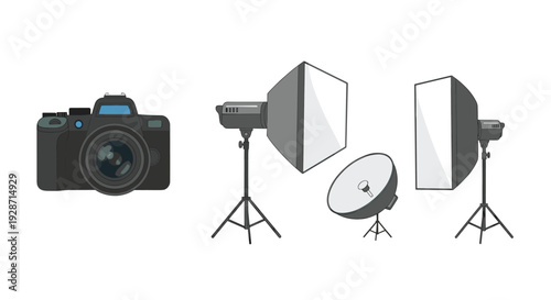 A digital SLR camera stands beside various studio lighting equipment, including softboxes and a beauty dish, on a clean white background.