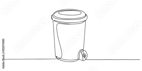 A continuous single line drawing of a trash can, line art style illustration.