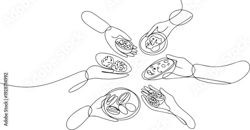 Continuous one line drawing hands sharing free food in the month of Ramadan. one line art icon drawing vector