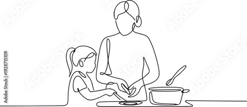 Continuous one-line drawing of a mother cooking food with her daughter. one line art icon drawing vector