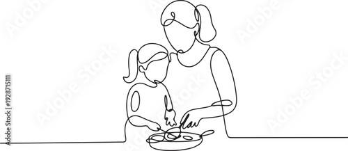 Continuous one-line drawing of a mother cooking food with her daughter. one line art icon drawing vector