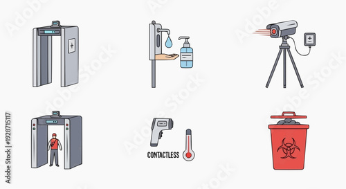 Various medical screening tools and protective gear laid out on a surface for inspection