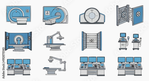 Medical equipment illustrations show various hospital machines and devices in a clinic setting.