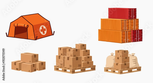 Aid workers unload relief boxes and set up tent at disaster site outdoors quickly