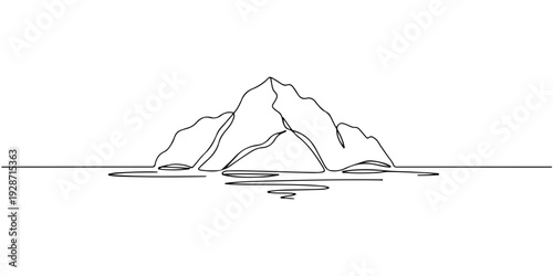 A continuous single line drawing of a melting iceberg in the ocean, line art style illustration.