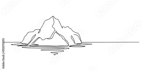 A continuous single line drawing of a melting iceberg in the ocean, line art style illustration.