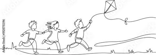 Happy healthy children with kite run together outdoor. Friends together have fun. one line art icon drawing vector