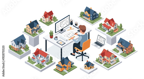 An isometric male architect works on house plans at a desk with a computer, surrounded by various residential building models.