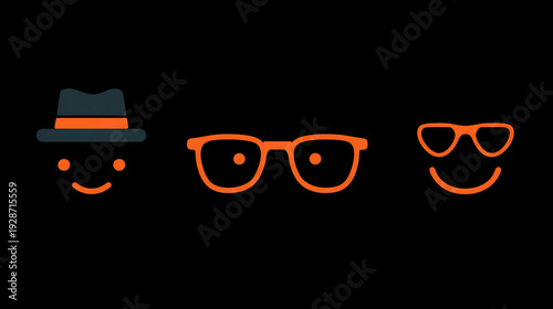 Wallpaper Mural Minimalist flat design icons featuring smiling faces with a fedora hat, eyeglasses, and sunglasses, on a black background. Torontodigital.ca