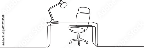A minimalist single line art illustration of a modern home office interior featuring a desk with a desk lamp and a comfortable chair. one line art icon drawing vector