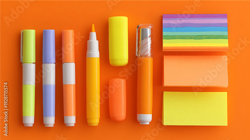 Wallpaper Mural Flat lay of vibrant highlighters, markers, and colorful sticky notes on a bright orange background, representing school supplies, office organization, and creativity. Torontodigital.ca