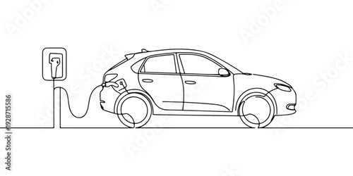 A continuous single line drawing of an electric car charging, line art style illustration.