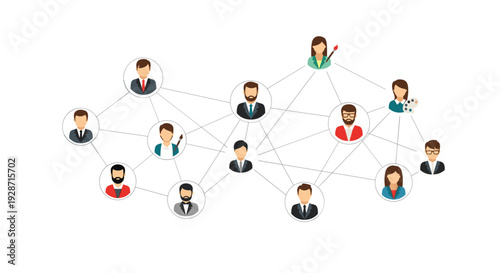 An interconnected network of diverse people avatars illustrates a social or business community on a white background.