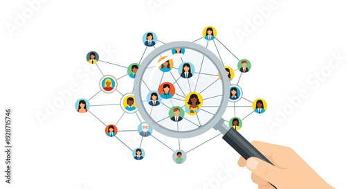 A hand holding a magnifying glass searches for a specific person within a complex social network of diverse avatars.