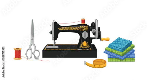 A beautiful black sewing machine, red thread, silver scissors, yellow tape, and fabric are neatly displayed on a white background.