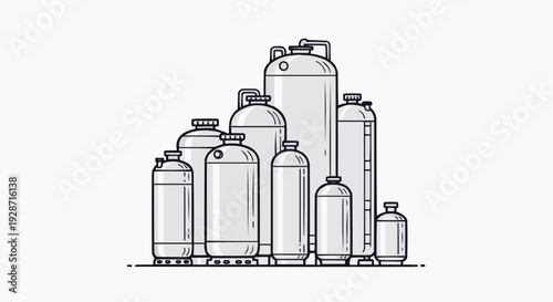 An illustration of various sized gas cylinders arranged in a pyramid formation.