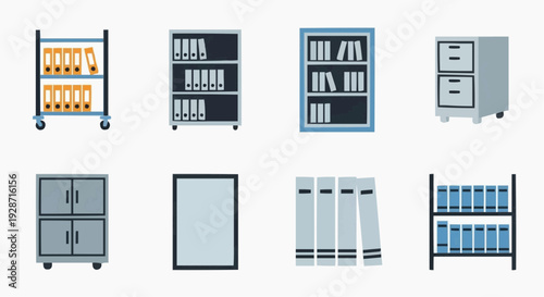 Various office storage units and shelves with files and supplies on display indoors