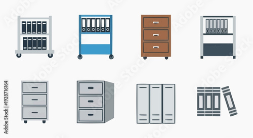 Various office furniture including cabinets and drawers are neatly arranged indoors.
