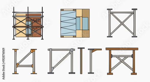 Scaffolding structures are being constructed outdoors in a city for maintenance work purposes