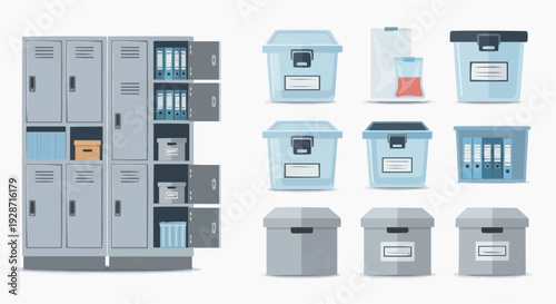 Storage lockers and assorted labeled boxes are organized neatly indoors.
