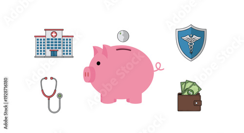 A pink piggy bank, a hospital, a stethoscope, a medical shield, and a wallet with money are depicted on a white background.