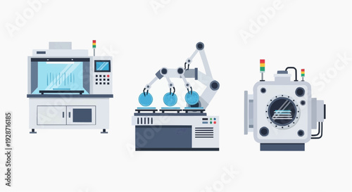 Industrial laboratory equipment with machines and beaker holders in a science facility setting
