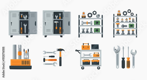 A collection of tools and equipment for various tasks neatly organized on shelves and in toolboxes.
