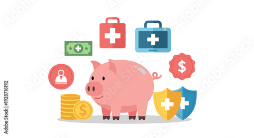A pink piggy bank, money, coins, first aid kits, shields, and a dollar sign are arranged on a white background.