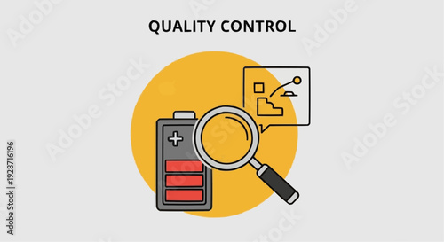 Quality control team examines battery with a magnifying glass closely.