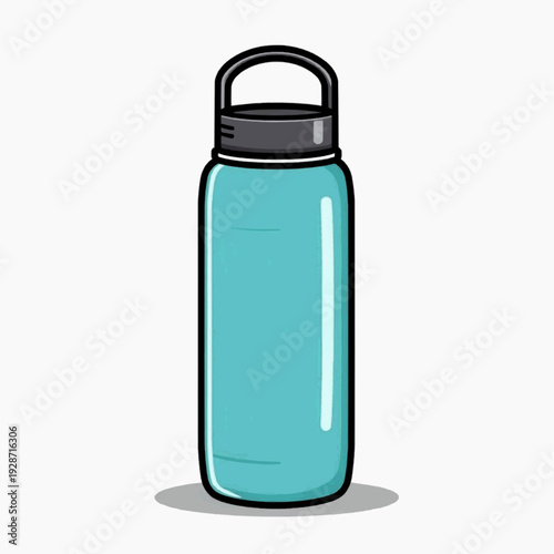 A minimalist illustration of a teal water bottle with a black lid and handle on a white background