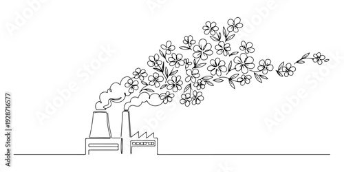A continuous single line drawing of a factory with smoke turning into flowers, line art style illustration.