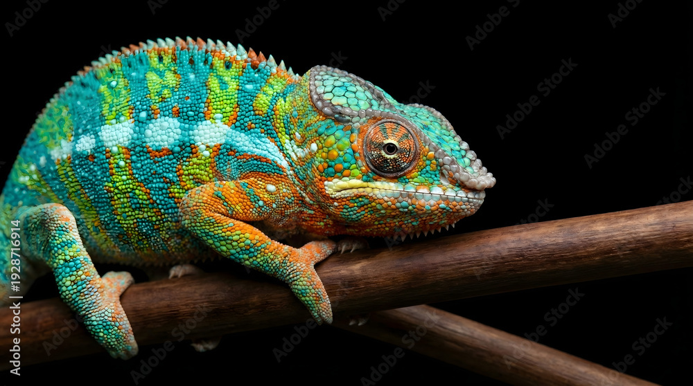 Naklejka premium Vibrant Panther Chameleon on Dark Background