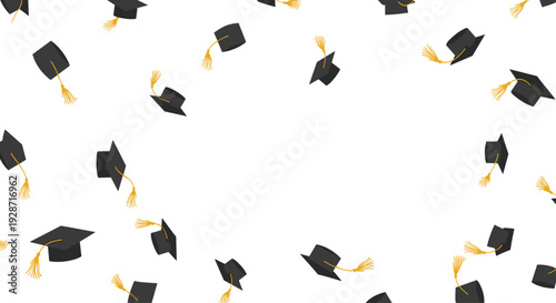 Numerous black graduation caps with golden tassels are depicted gracefully falling and scattered across a clean white background.