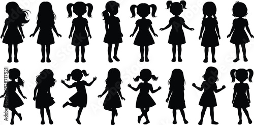 Collection of little girl silhouettes in various poses and hairstyles isolated on white background for children education school play and childhood design