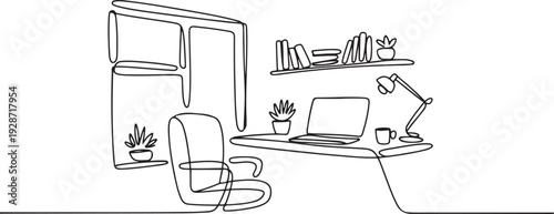 Home office interior in one continuous line drawing. Working area for business or freelance in simple linear style. one line art icon drawing vector