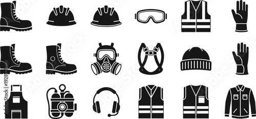 Large set of industrial safety equipment icons including helmets, work boots, high visibility vests, and protective gear silhouettes, workplace hazard prevention vector collection.