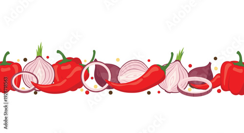 A vibrant horizontal border composed of fresh red bell peppers, hot chili peppers, various sliced onions, and scattered peppercorns on a clean white background.