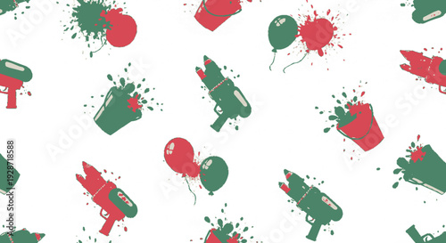 Vibrant red and green paint splatters and balloons with spray cans on white background festive celebration concept