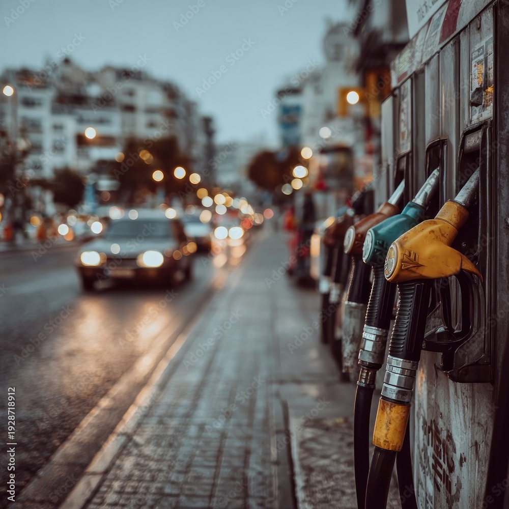 Obraz premium Gas pump nozzles in a row, with street lights and cars blurred in background