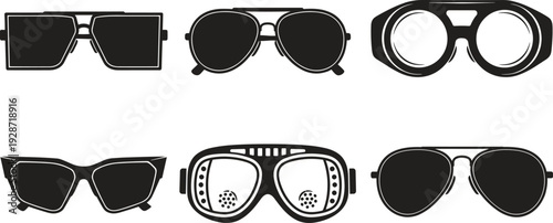 Set of four ski and snowboard goggles silhouettes icons, protective eyewear for winter sports, outdoor mountain activity equipment, isolated on white background.