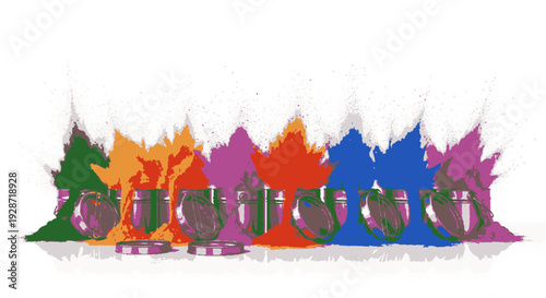 Colorful coffee cups in various vibrant hues and splashes of paint on white background