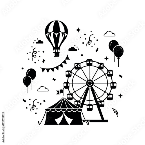 Amusement park carnival fairground attractions with hot air balloon and ferris wheel.