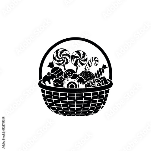 Basket full of various candies and sweets.