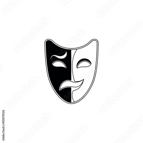 Black and white theatrical mask representing comedy and tragedy.