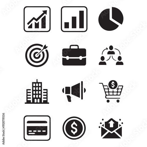 Minimal black business and marketing icon set featuring growth chart, bar graph, pie chart, target, briefcase, team, building, megaphone, shopping cart, credit card, dollar coin, and email symbol