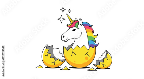 White unicorn with rainbow mane hatching from egg