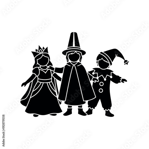 Children in Halloween costumes silhouette illustration.